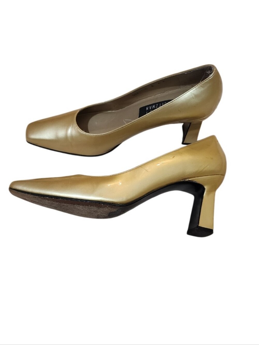 Vintage STUART WEITZMAN Gold Leather Pumps 8 AA Narrow Square Toe Block Heel